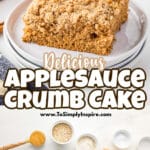 A slice of applesauce crumb cake on stacked white plates, with ingredients for the cake displayed below, including eggs, flour, sugar, and spices.