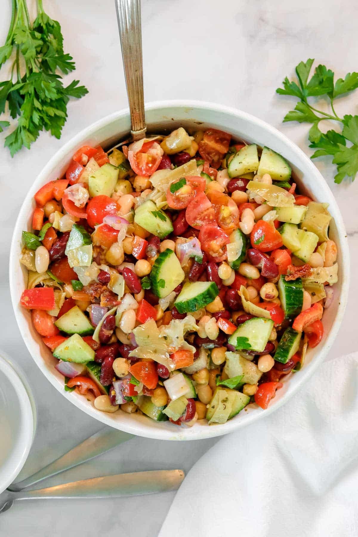 A bowl of dense bean salad with chopped cucumbers, tomatoes, onions, and red peppers, garnished with herbs, on a white surface.