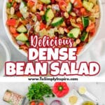 A bowl of dense bean salad with chopped cucumbers, tomatoes, onions, and red peppers, garnished with herbs, on a white surface.
