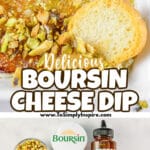 Rectangular white dish of Boursin cheese dip topped with chopped pistachios.