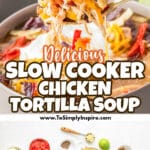 A bowl of chicken tortilla soup topped with shredded cheese, tortilla strips, and sour cream, with a spoon over the bowl.