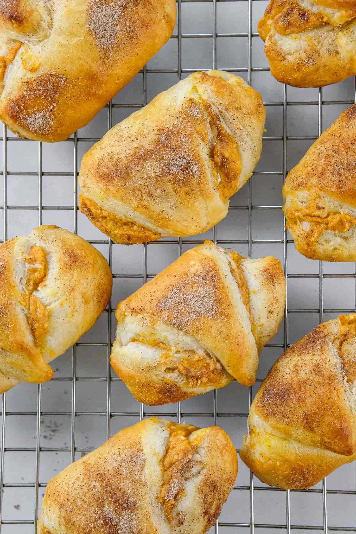 Pumpkin Cream Cheese Crescent Rolls dusted with cinnamon sugar are arranged on a metal cooling rack over a white surface.