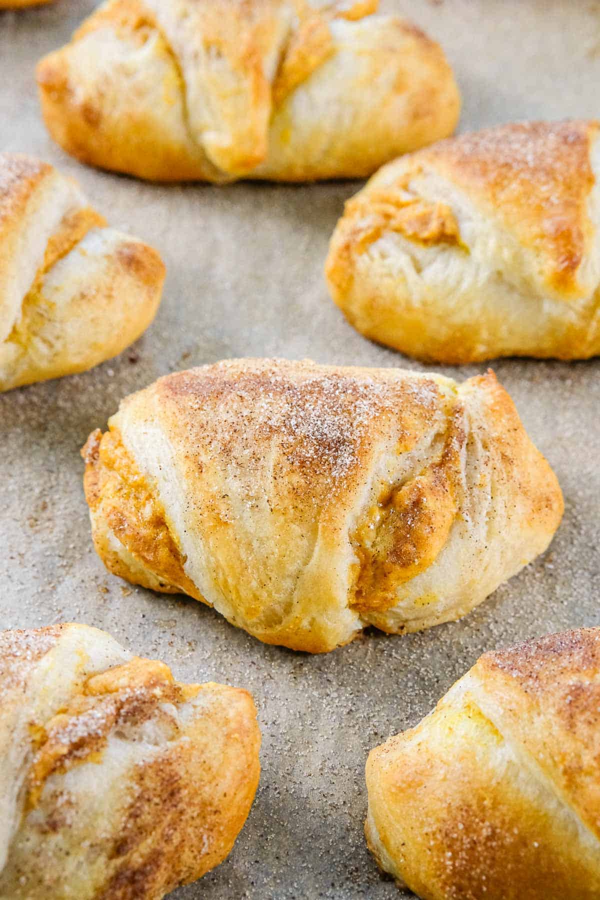 Pumpkin Cream Cheese Crescent Rolls sprinkled with cinnamon sugar are arranged on a parchment-lined baking sheet.